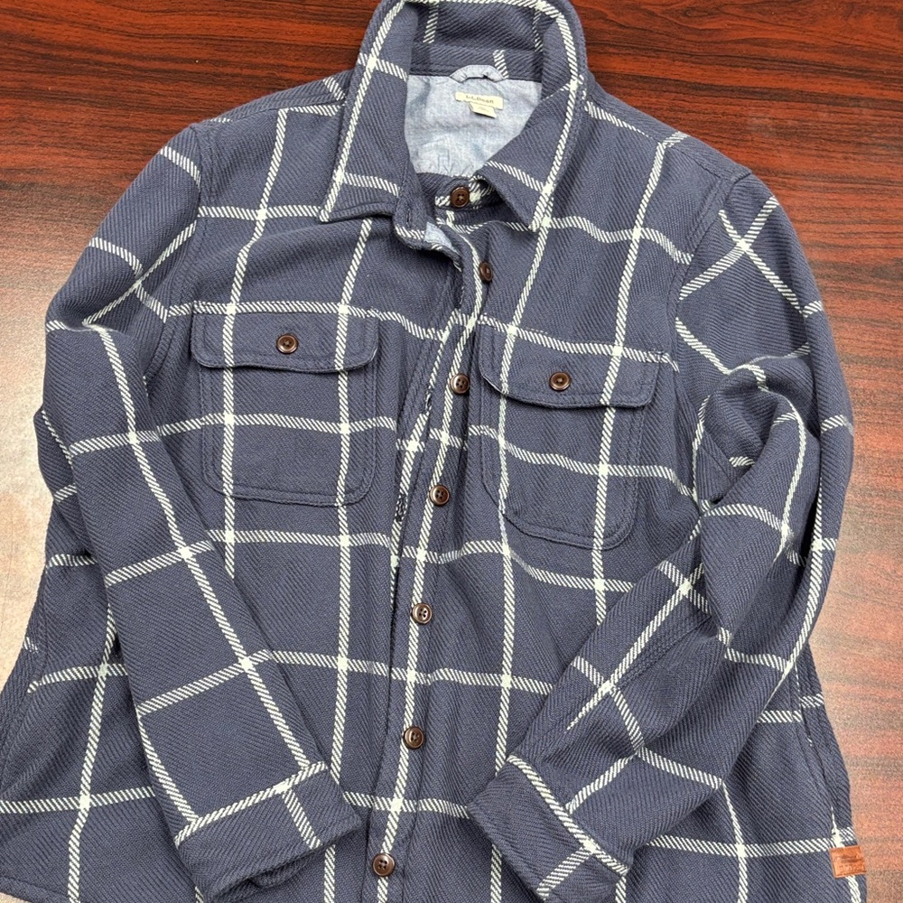 L.L. Bean Navy and Cream Plaid Shirt Jacket